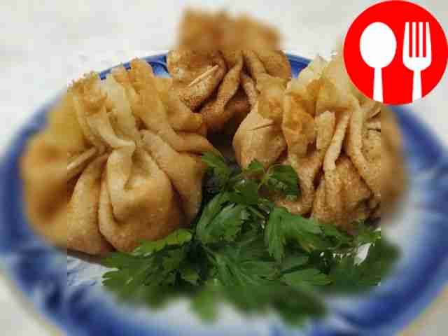 Блинные мешочки с рисово-мясной начинкой