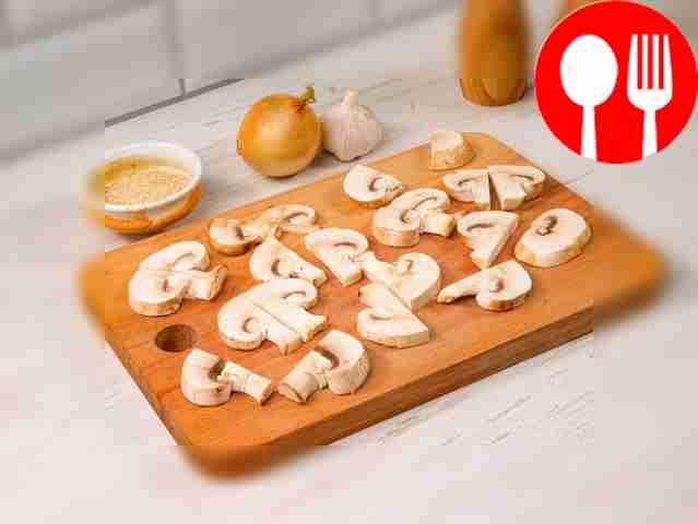 Нарежьте шампиньоны на тонкие пластины...