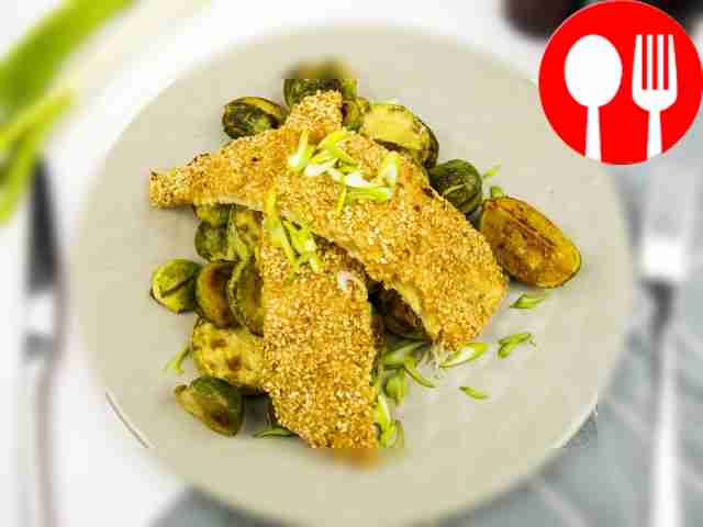 Палтус с кабачками гриль и брюссельской капустой