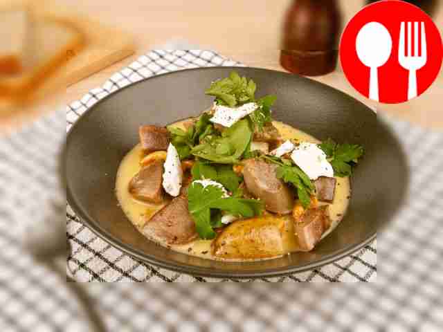 Говяжий язык с картофелем и грибами