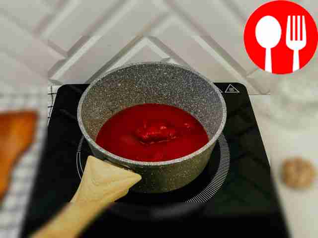 Переложите томатную пасту в кастрюлю и залейте...