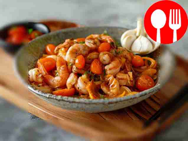 Домашние жареные морепродукты с чесноком и томатами