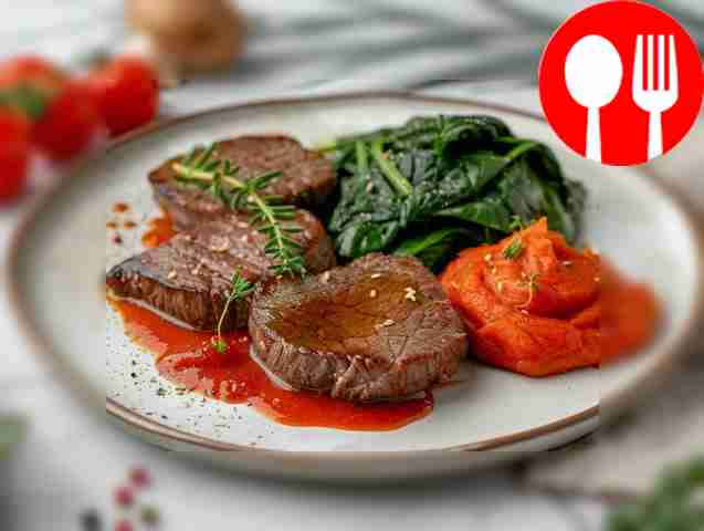 Оленина под брусничным соусом с тыквой и шпинатом